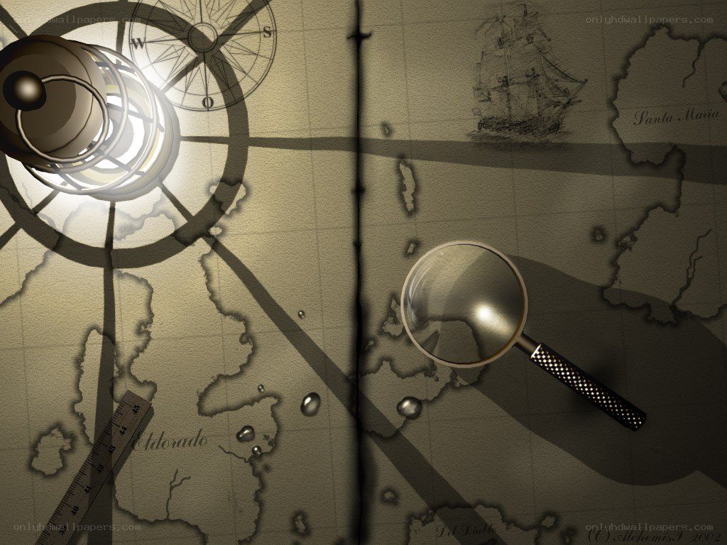treasure map with magnifying glass
