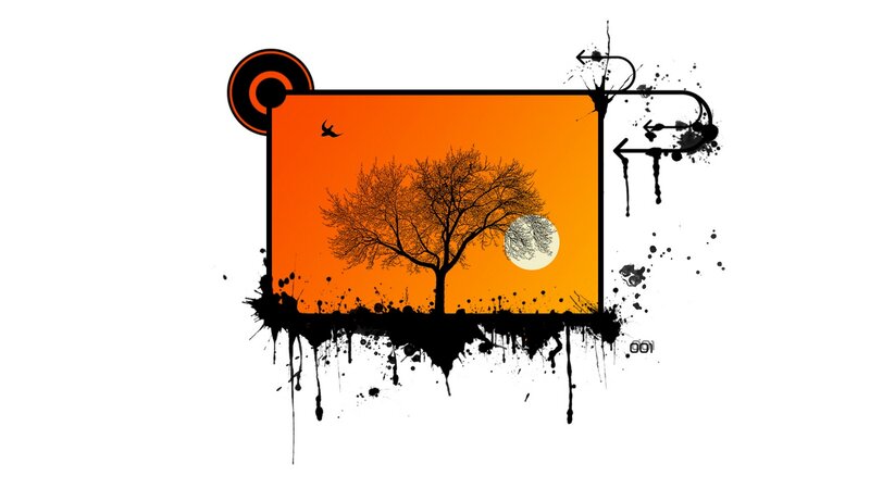 tree at sunset with ink splatters