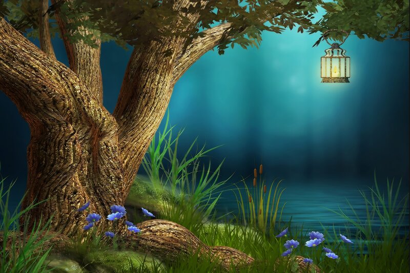Tree by a Lake at Night