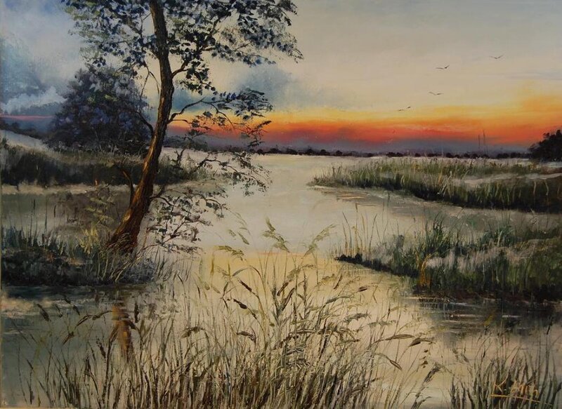 Tree by a River at Sunset — Orange