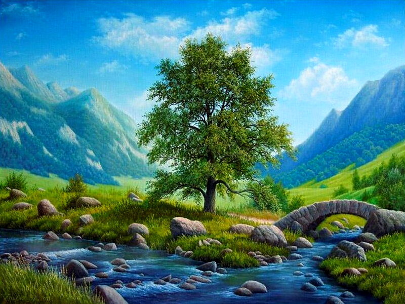 Tree by a Stream — Green
