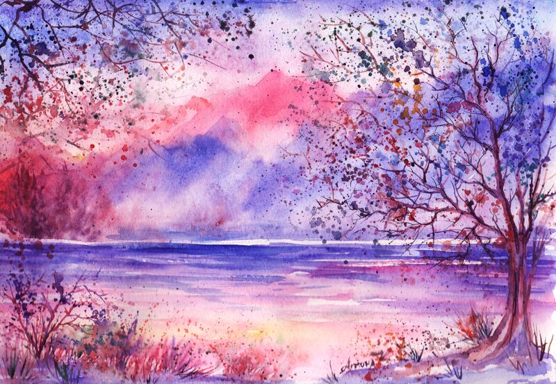 Tree by Lake at Dusk — Purple