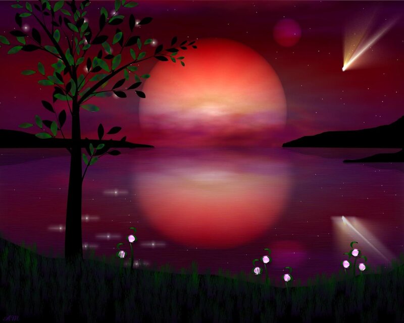 Tree by Lake at Night — Purple