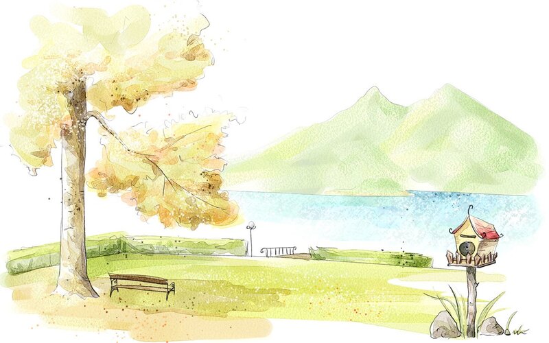 Tree by Lake with Birdhouse — Green, Serene