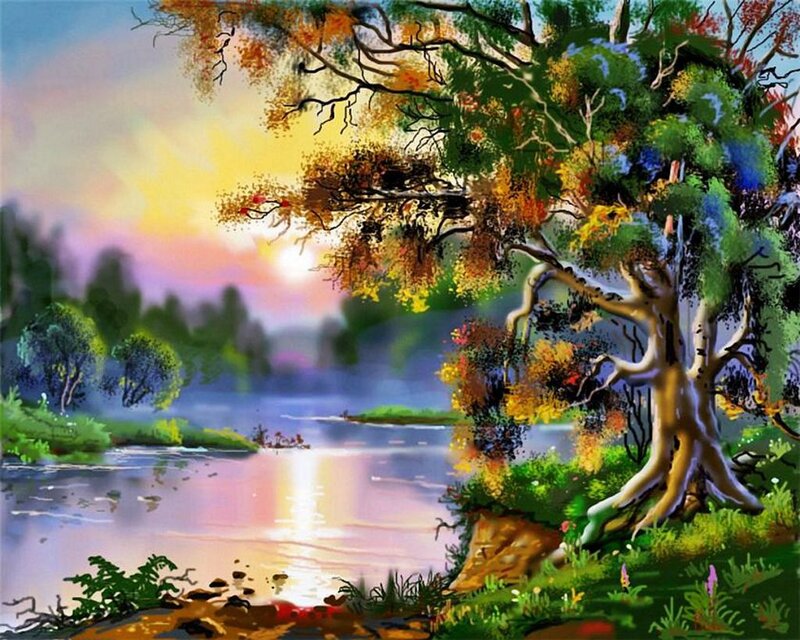 Tree by River at Sunset — Green