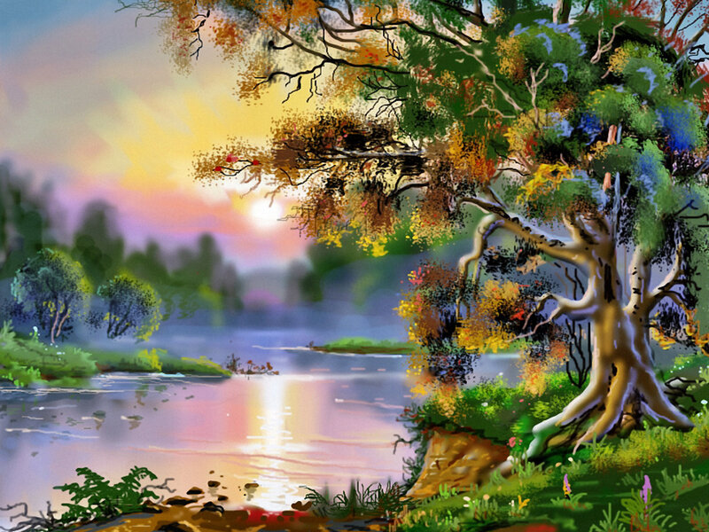 Tree by River at Sunset