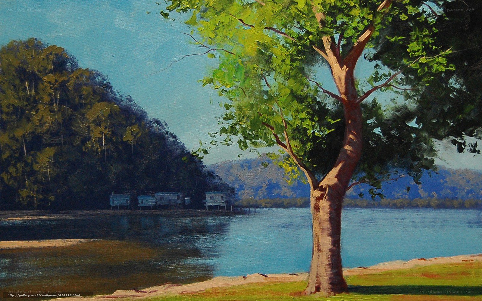 Tree by the lake painting
