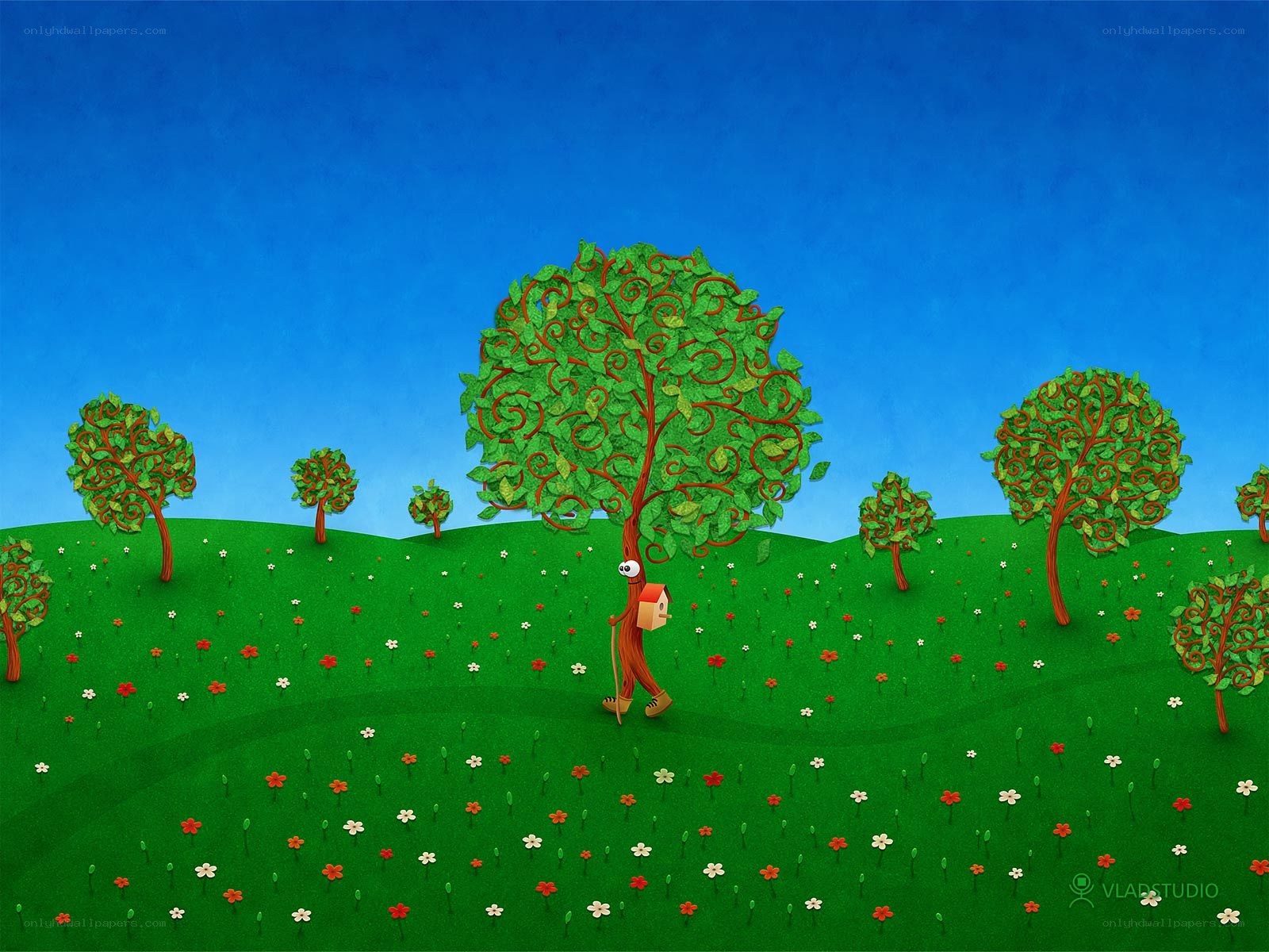 Tree character in a flower field