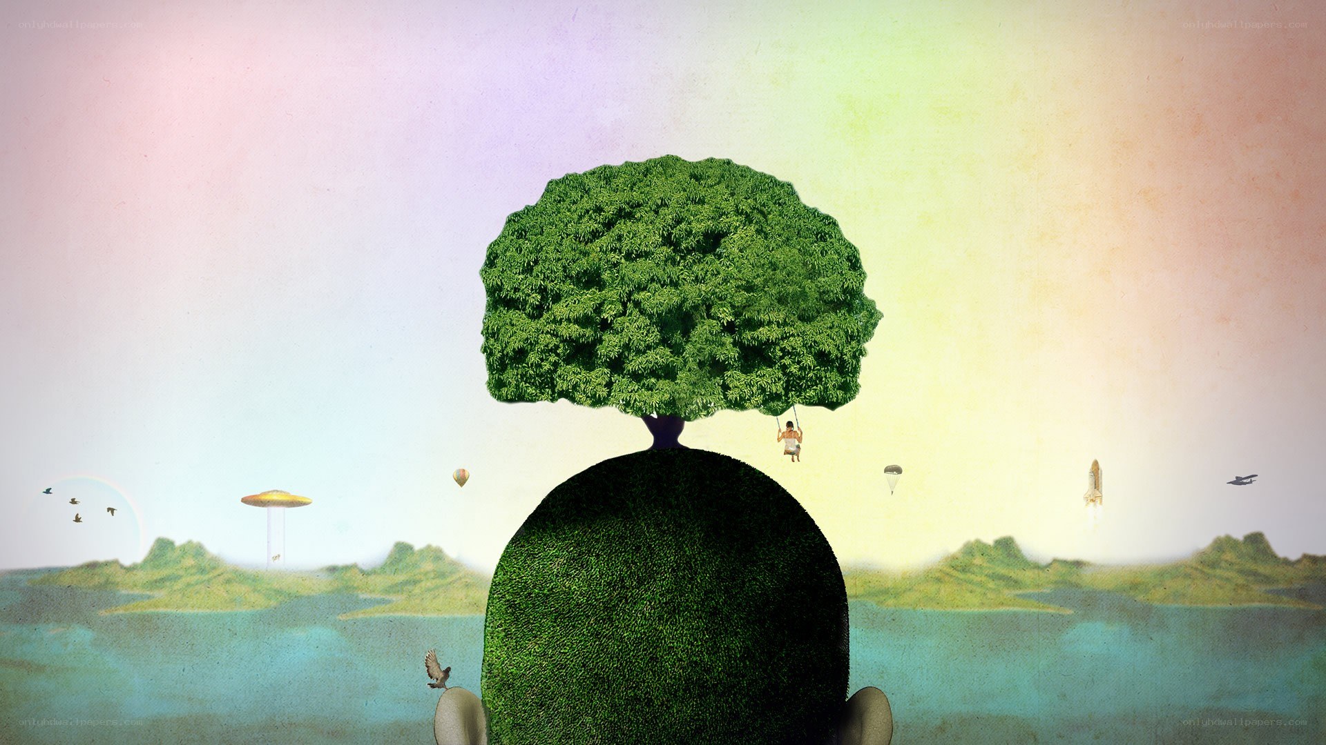 tree-headed figure overlooking landscape