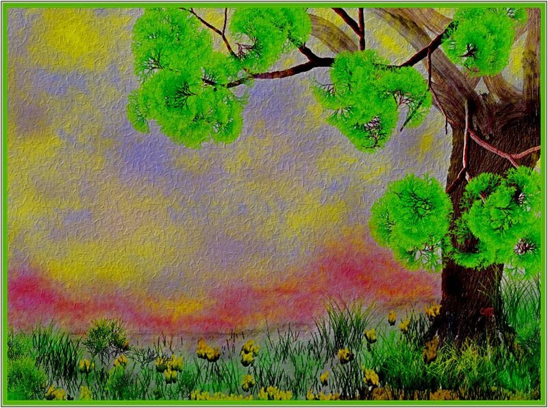 Tree in a Field — Green, Serene, Sunset, Painting