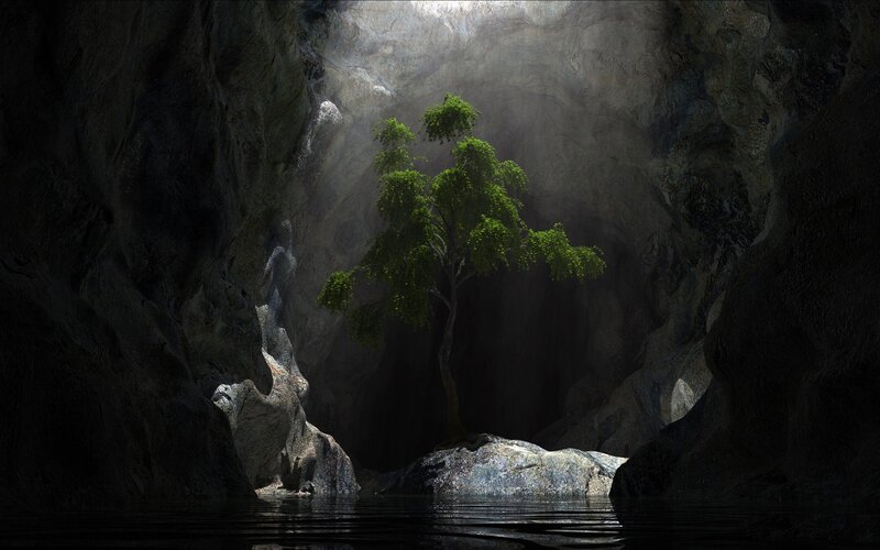 Tree in Cave with Water — Green, Dramatic, Digital Art, Light