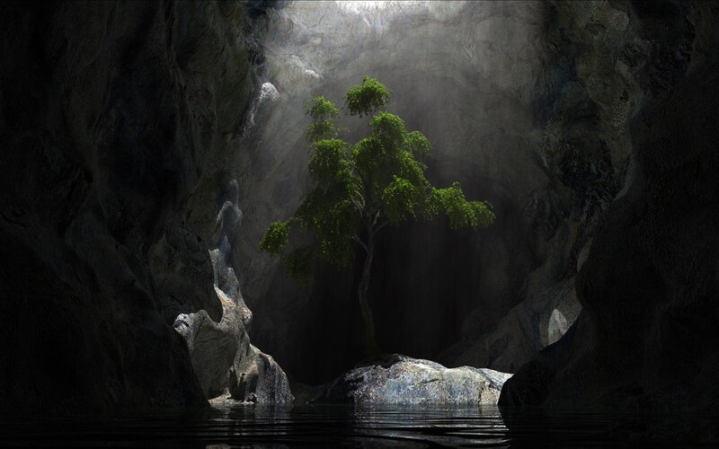 Tree in Cave with Water — Green, Dramatic, Digital Art