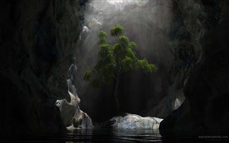 Tree in Cave with Water — Green, Dramatic