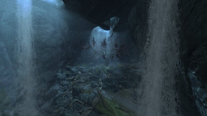 Tree in Cave with Waterfall