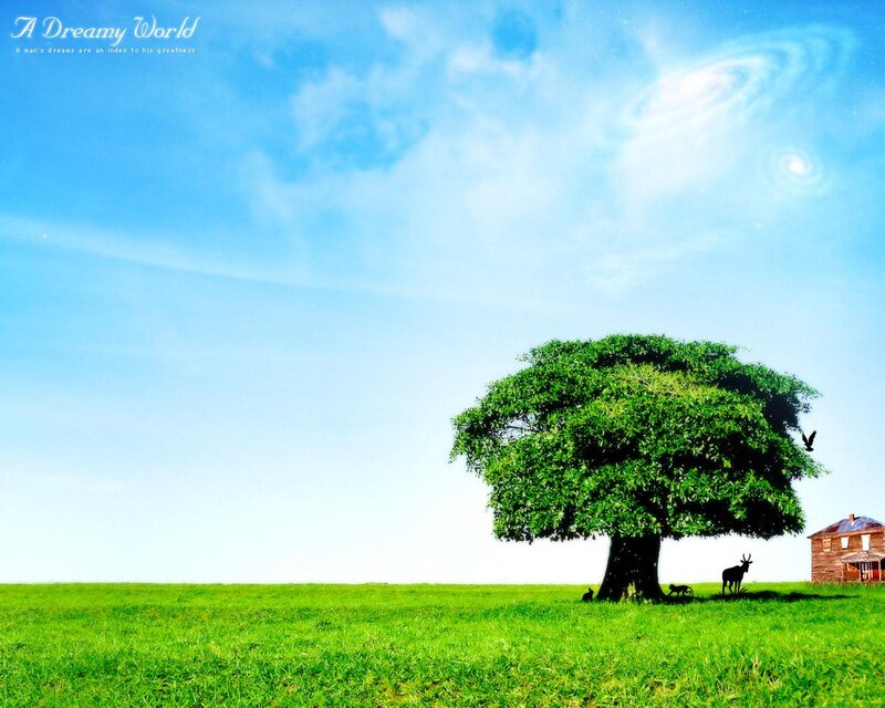 Tree in Green Field — Serene, Afternoon, Digital Art