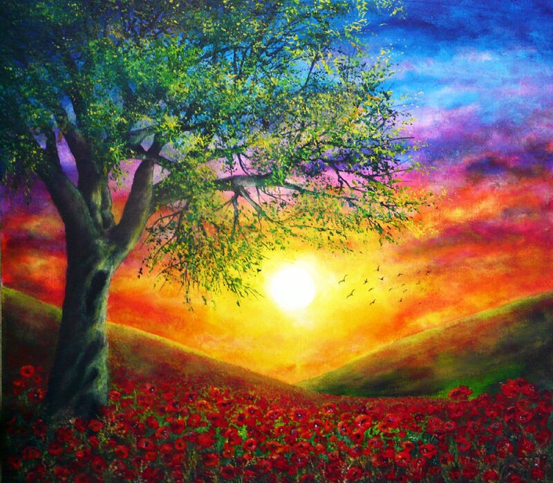Tree in Poppy Field — Red