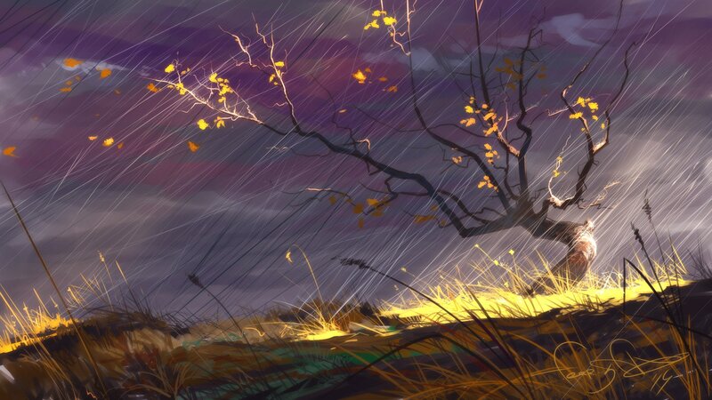 Tree in Stormy Field — Purple, Dramatic
