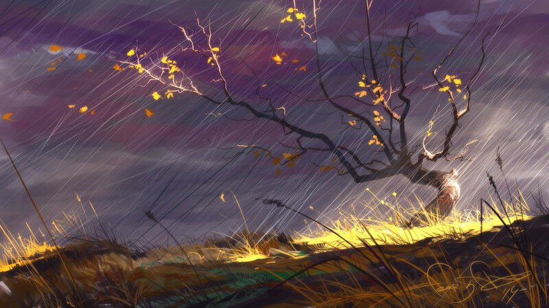 Tree in Stormy Field — Purple