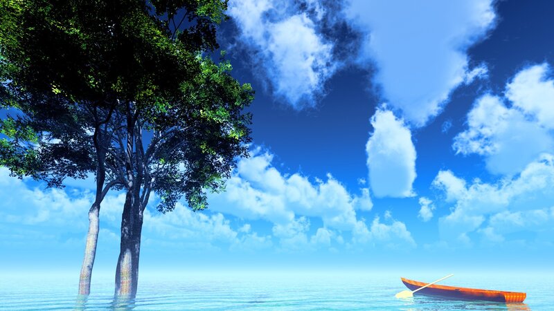 Tree in Water with Boat — Blue