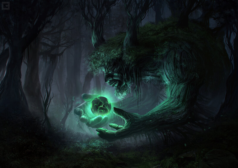 Tree-like Creature Holding Orb — Green, Mysterious, Night