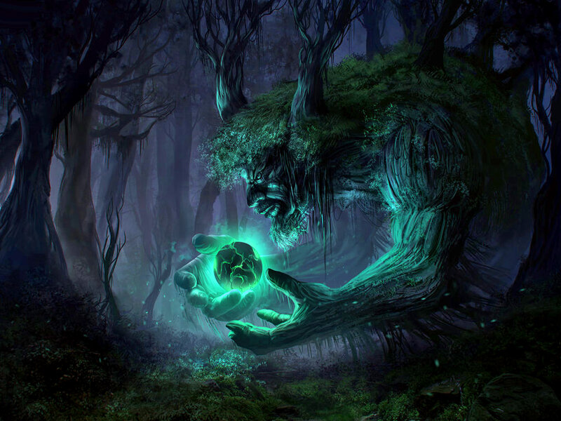 Tree-like Creature Holding Orb — Green