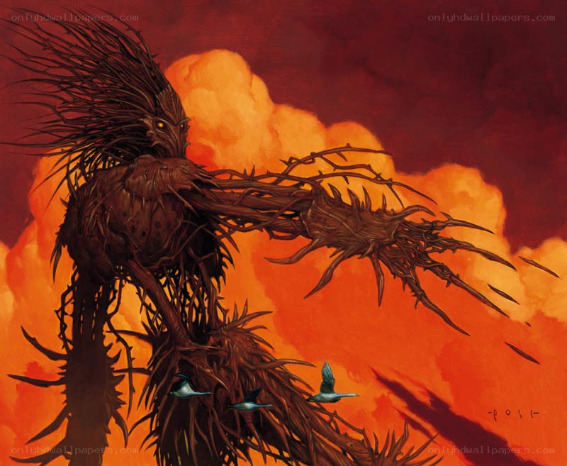 Tree-like creature in fiery sky