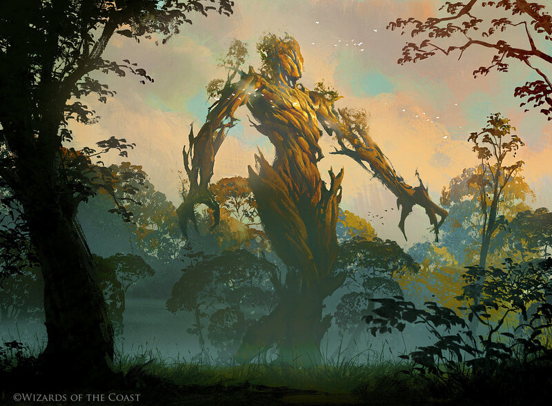 Tree-like Creature in Forest — Green, Dramatic, Sunset