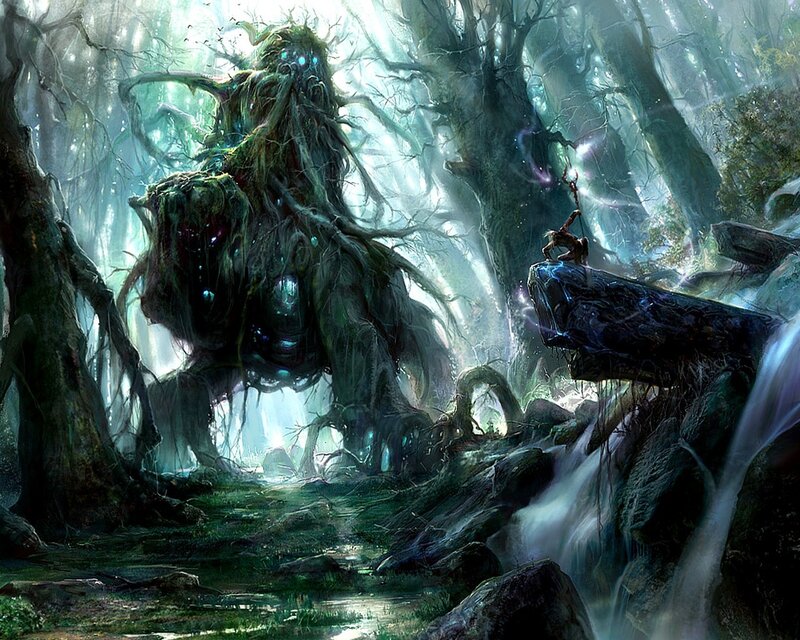 Tree-like Creature in Forest — Green, Mystical, Digital Art, Waterfall