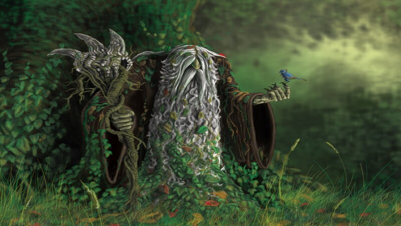 Tree-like Creature with Bird — Green, Serene, Digital Art