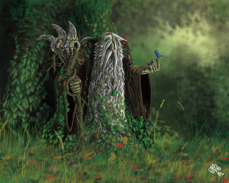 Tree-like Creature with Bird — Green, Serene