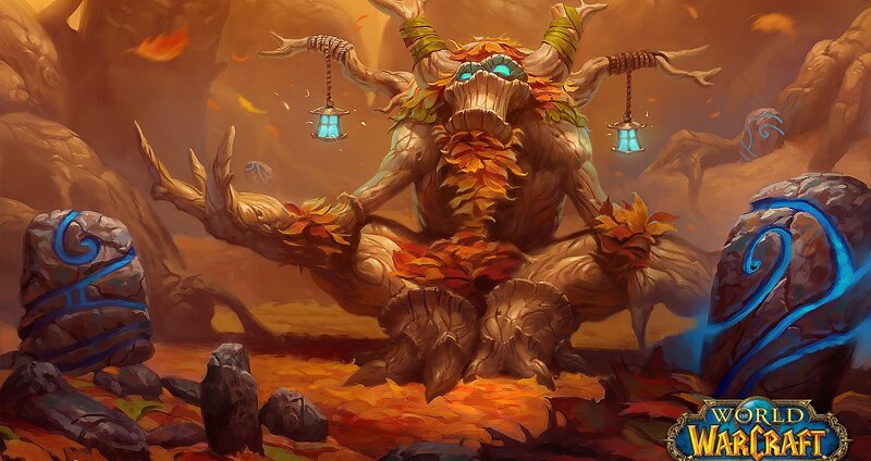Tree-like Creature with Lanterns — Orange, Dramatic, Autumn, Digital Art, Fallen Leaves, Stone Pillars, Brown, Blue