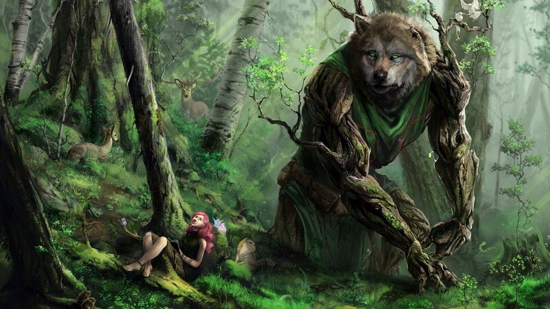 Tree-like Wolf Creature — Green, Serene, Morning