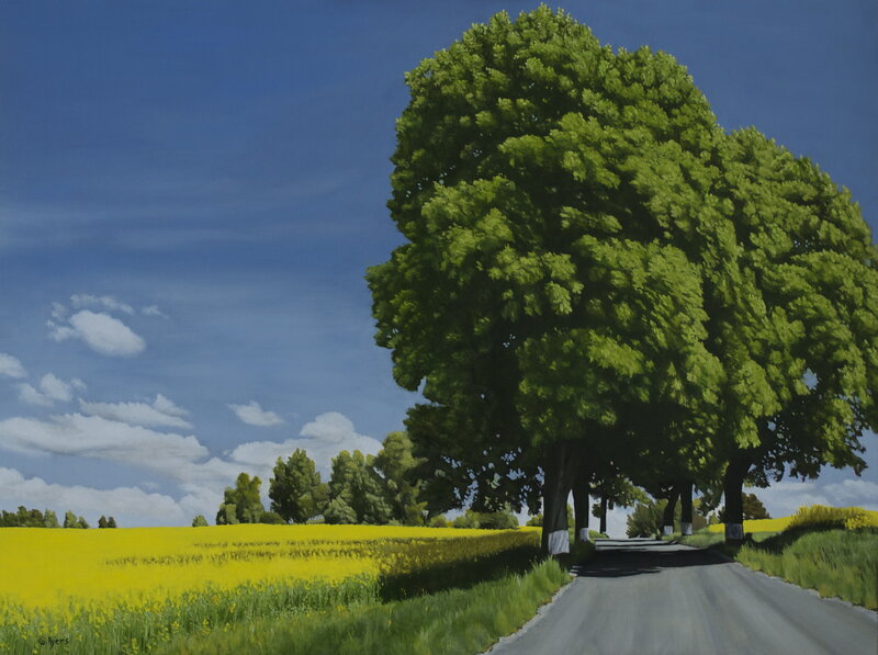 Tree-lined Road — Green, Serene, Afternoon, Painting