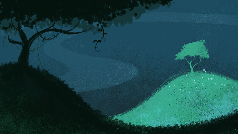 Tree on a Hill at Night — Green, Serene