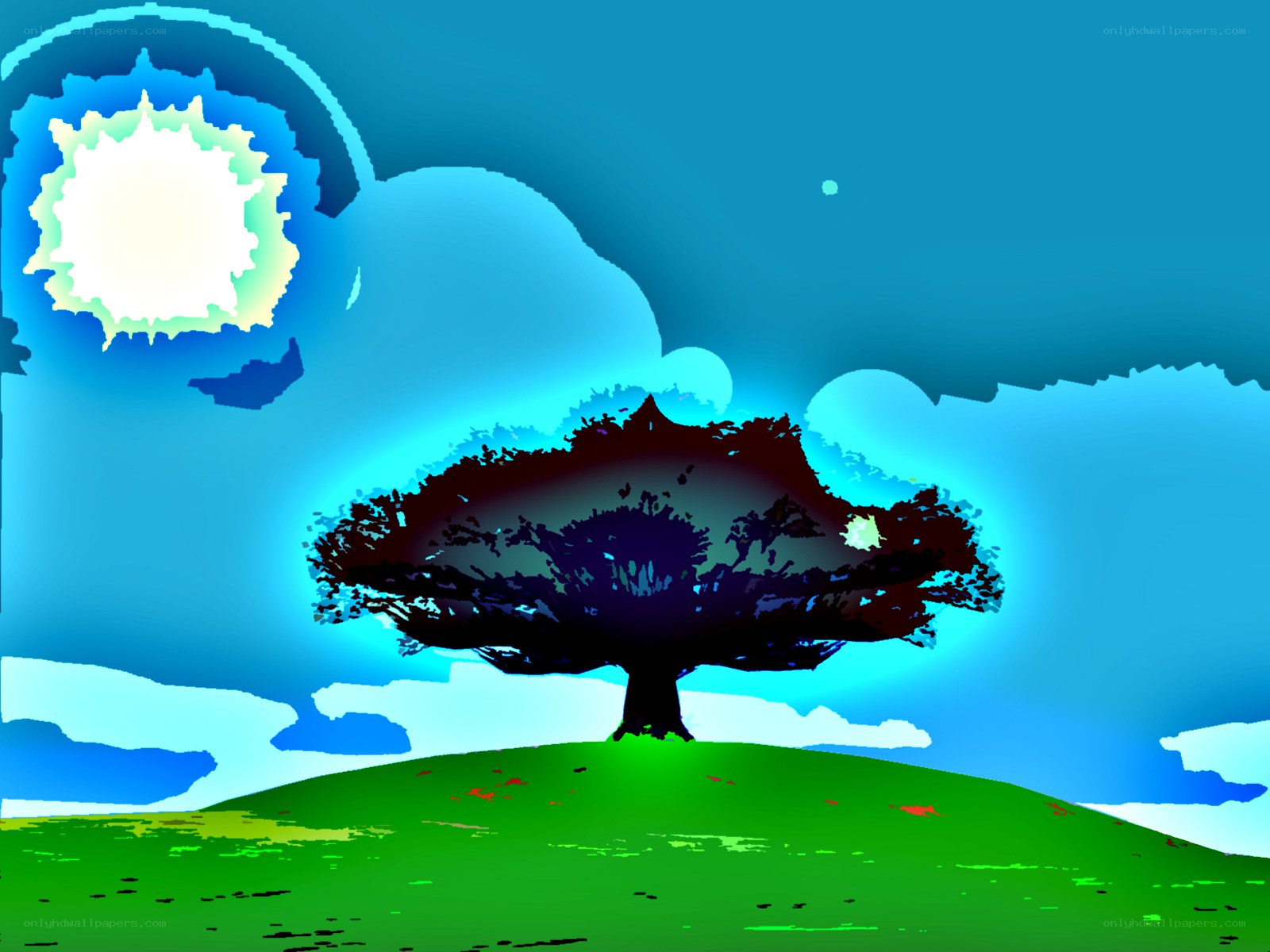 Tree on a hill under bright sun