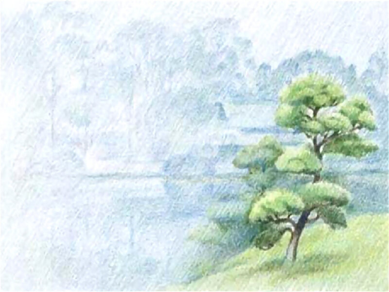 Tree on a Hillside — Green, Serene, Painting