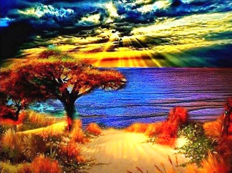 Tree on Beach at Sunset — Blue, Dramatic