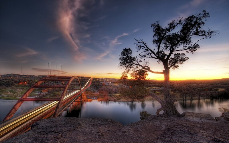 Tree on Cliff Overlooking Bridge — Blue, Dramatic