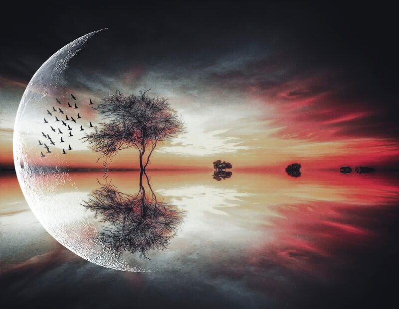 Tree on Crescent Moon — Red