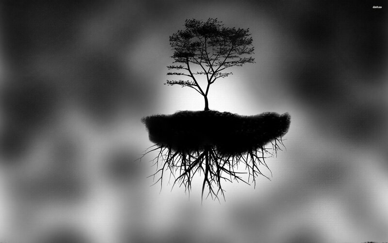 Tree on Floating Island — Black, Dramatic, Digital Art