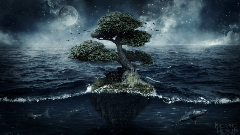 Tree on Floating Island — Blue, Dramatic, Night