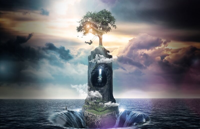 Tree on Floating Island — Blue, Dramatic
