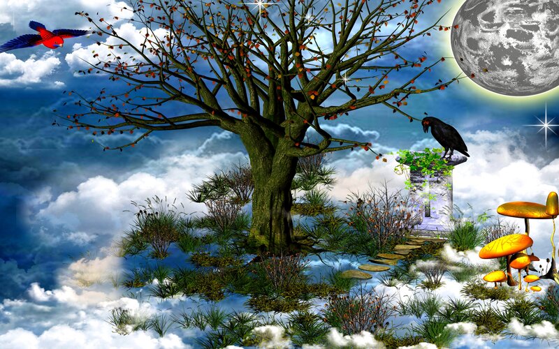 Tree on Floating Island — Blue, Fantastical