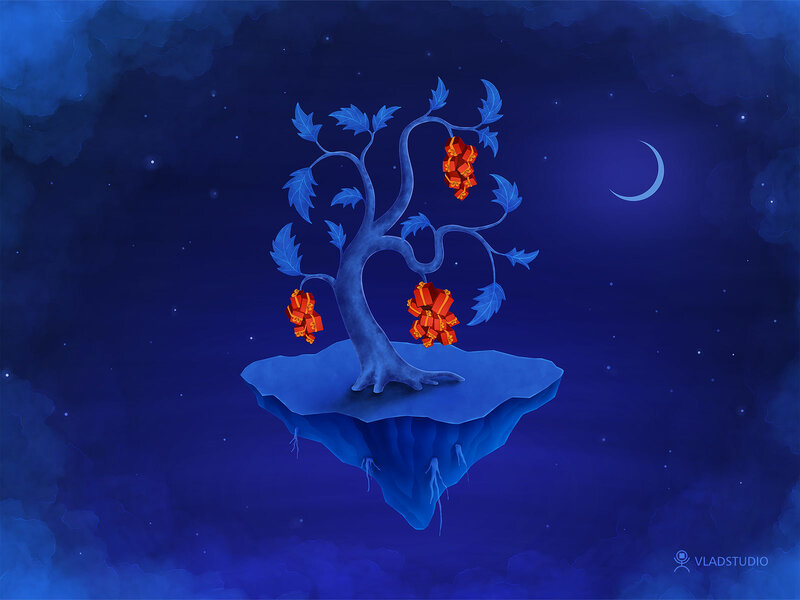 Tree on Floating Island — Blue, Serene, Night, Digital Art