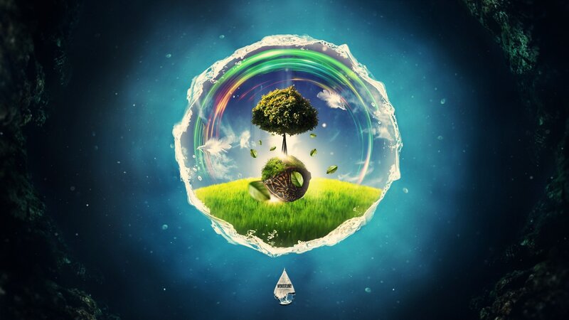 Tree on Floating Island — Green, Serene, Digital Art, Grass, Feather, Leaf