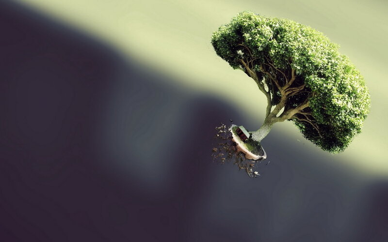 Tree on Floating Island — Green, Serene, Digital Art, House