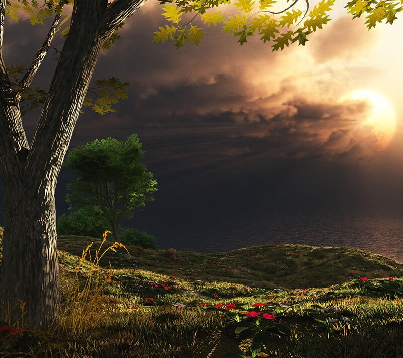 Tree on Grassy Hill — Green, Dramatic, Sunset, Digital Art