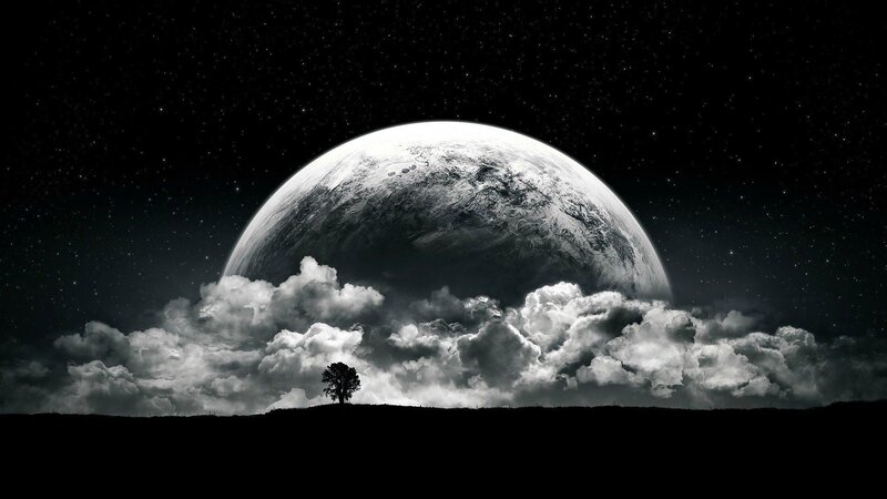 Tree on Hill under Planet — Black, Dramatic, Night, Digital Art, Clouds, Stars, White