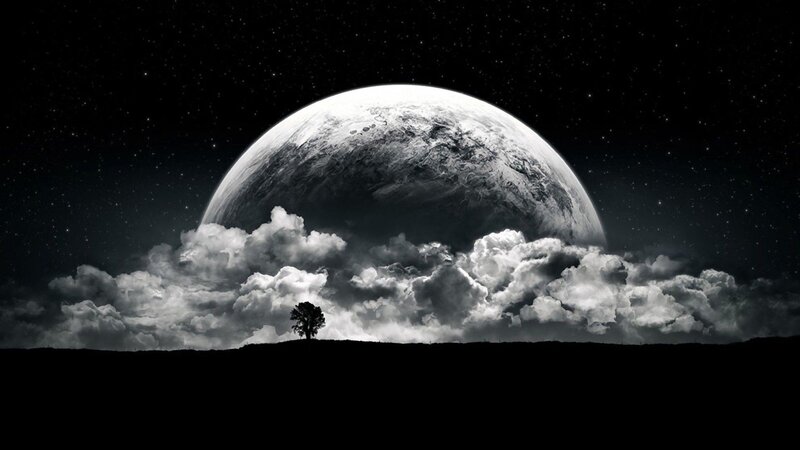 Tree on Hill under Planet — Black, Dramatic, Night