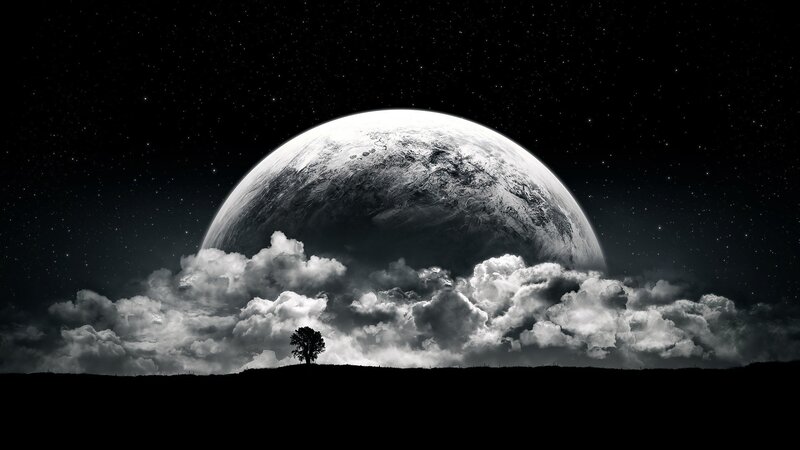 Tree on Hill under Planet — Black, Dramatic